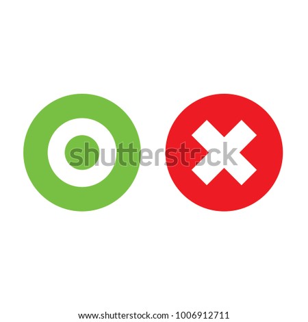 Flat o and x round shape icons, green circle and red cross, vector, isolated on white background