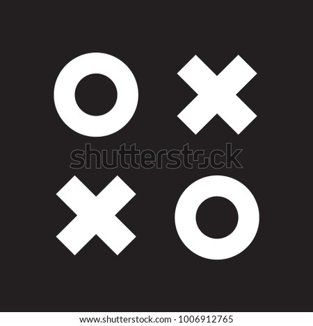 Flat o and x round icons, white circle and cross, vector, isolated on black background