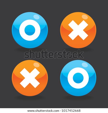 Glossy o and x round shape icons with shadow, blue circle and orange cross, vector, isolated on dark background