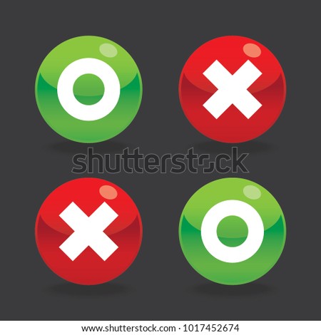 Glossy o and x round shape icons with shadow, green circle and red cross, vector, isolated on dark background