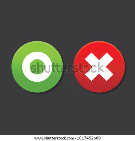 O and X round shape icons with shadow, green circle and red cross, vector, isolated on dark background
