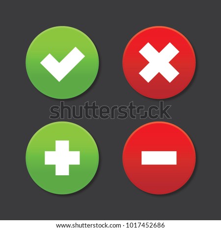 Checkmark Cross Plus Minus, x v + -, red green rounded circle shape icons, flat design vector pictogram, infographic interface elements for app logo web button ui ux isolated on black background