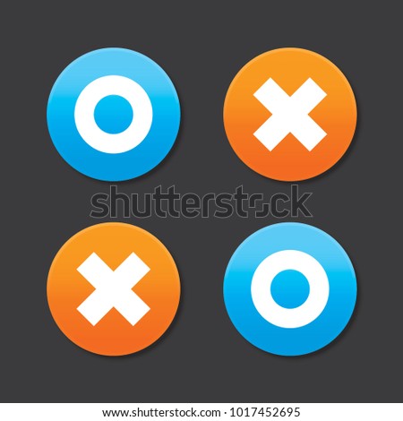 Glossy O and X round shape icons with shadow, blue circle & orange cross signs flat design pictogram concept vector for app ads web button ui ux interface elements isolated on black background