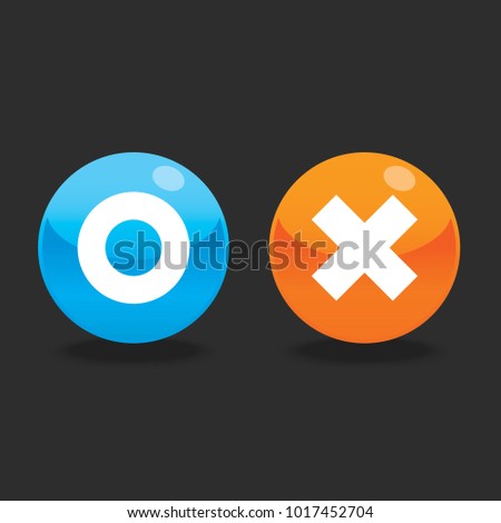 Glossy o and x round shape icons with shadow, blue circle and orange cross, vector, isolated on dark background