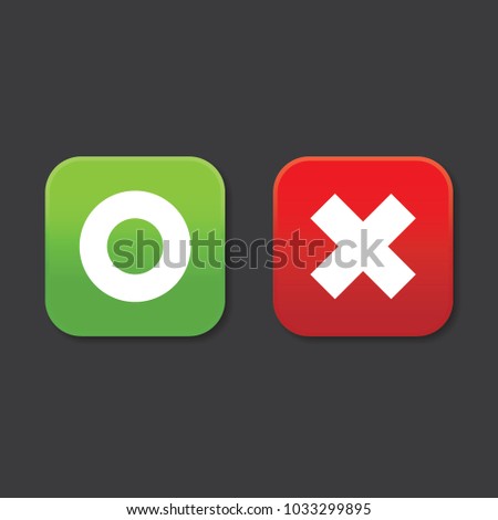O and X rounded square shape icons, red circle and blue cross, with shadow, vector, isolated on dark background