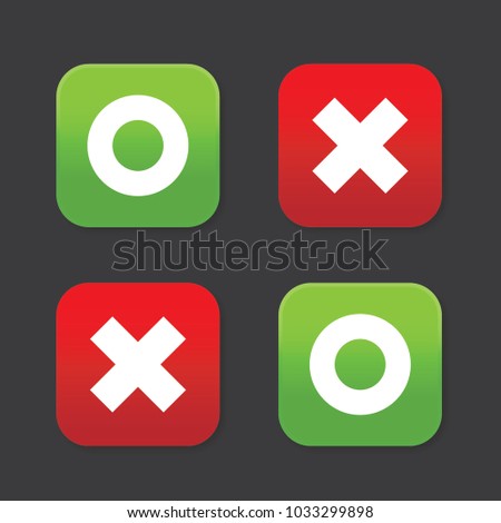 O and X rounded square shape icons, green circle and red cross, with shadow, vector, isolated on dark background