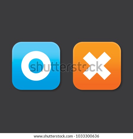 O and X rounded square shape icons with shadow, blue circle and orange cross, vector, isolated on dark background