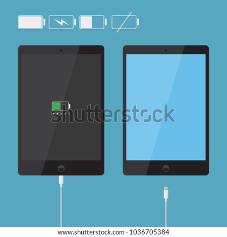 Realistic tablet / iPad icons collection with battery indicator and usb cable, black flat design device interface element for app ui ux web button, eps 10 vector isolated on white background