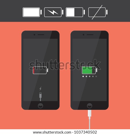 Realistic smartphone / iPhone icons collection with battery indicator and usb cable, black flat design device interface element for app ui ux web button, eps 10 vector isolated on white background