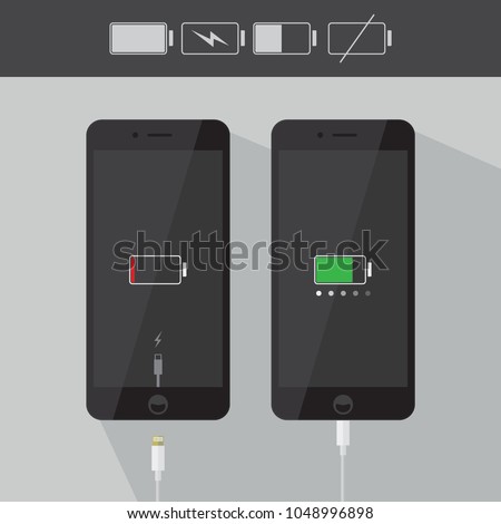 Realistic smartphone icons collection with battery indicator and usb cable, black device flat design interface element for app ui ux web button, eps 10 vector isolated on white background