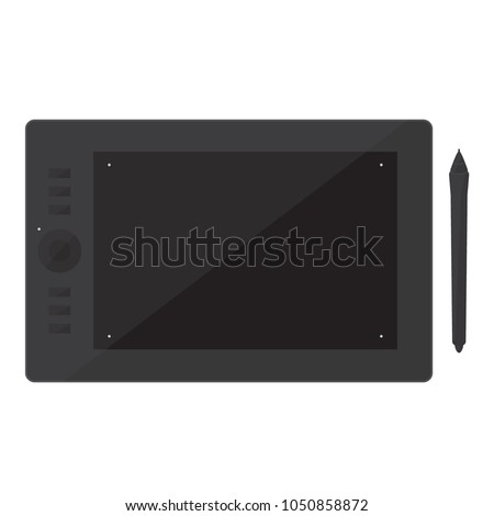 Graphic tablet with smartpen in flat style design, digital drawing, simple interface element for app ui ux web eps 10 vector isolated on white background