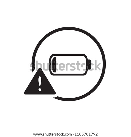 Black round low battery warning sign icon, simple technology alert graphic glyphs flat design concept vector for app ads web banner button ui ux interface elements isolated on white background