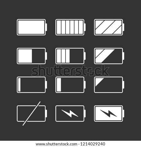 White linear battery charge indicator icons in level, simple shape power source running charging flat design infographics vector, app web button ui interface element isolated on black background
