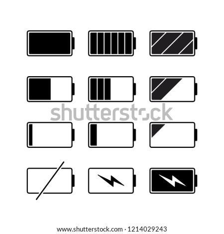 Black outline battery charge indicator icons in level, simple shape power source running charging flat design infographics vector, app web button ui interface element isolated on white background