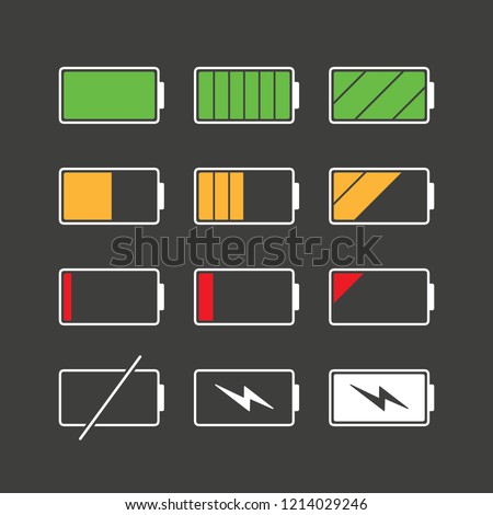 White linear battery charge indicator icons in level status, simple power source running charging flat design infographics vector, app ads web button ui interface element isolated on black background