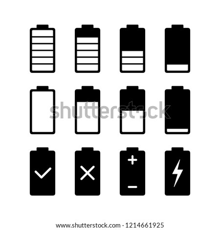 Black battery charge indicator icons in level status, simple shape power source running charging flat design infographics vector, app web button ui interface element isolated on white background