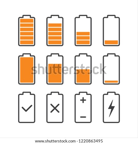 Black linear battery charge indicator icons in level, simple shape power source running charging flat design infographics vector, app web button ui interface element isolated on white background