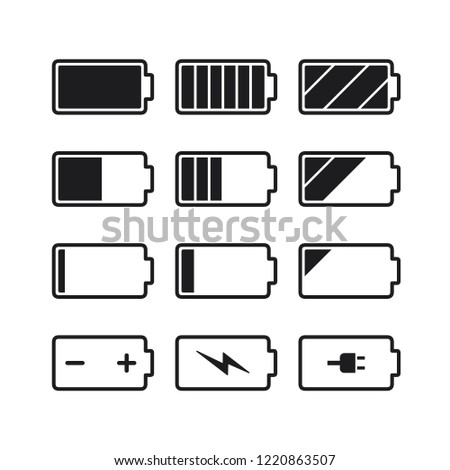 Black 100% full charge line icons, simple shape battery power source charging flat design pictogram infographics vector pictogram, app web button ui interface element isolated on white background