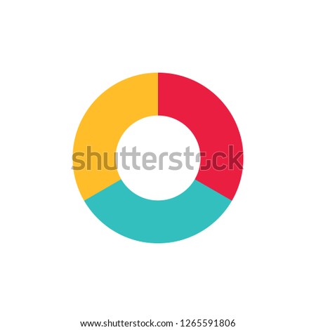 Separate doughnut / pie chart graph icon with 3 colorful parts. Flat design vector eps 10 circular diagram & infographic for logo button banner app ui ux web isolated on white background
