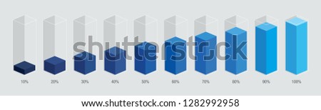 Blue gradient isometric chart bars, liquid histogram display 10% to 100% number. Flat design illustration inforchart infographic elements for app ui ux web banner vector isolated on white background