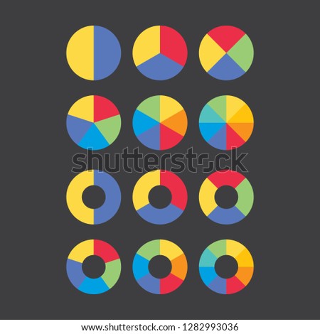 Set of colorful gradient info piecharts / segment of circle element icons for 2, 3, 4, 5, 6, 8. Simple flat design infographics template for app, ui, ux, vector eps10 isolated on black background