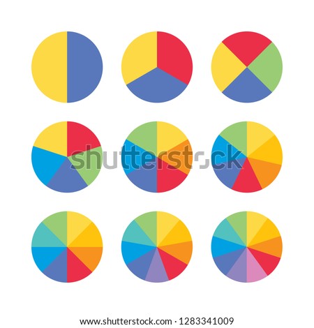 Set of colorful info piecharts, segment of circle element icons collection for 1 2 3 4 5 6 7 8 9 10. Flat design infographics template for app ui ux web button vector isolated on white background