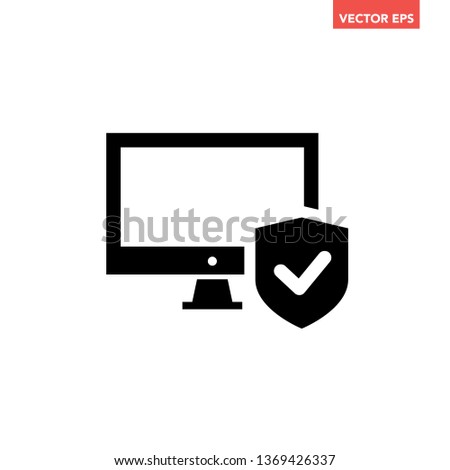 Black digital computer secure confirmed icon, simple tech flat design illustration infographic pictogram vector, app logo web button ui ux interface element isolated on white background