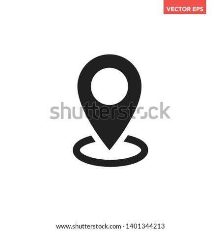 Black single location pin with ring circle icon, simple flat design tracking location tag interface infographic pictogram elements, app ui ux web button logo, vector isolated on white background