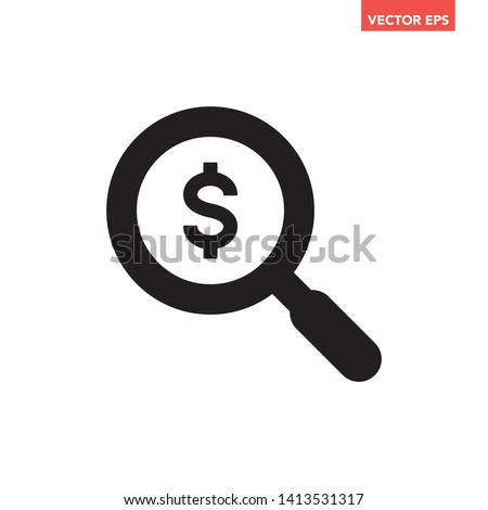 Black find best offer price magnifying glass icon, simple currency search data survey with us $ dollar interface, app ui ux web button logo, flat design pictogram vector isolated on white background