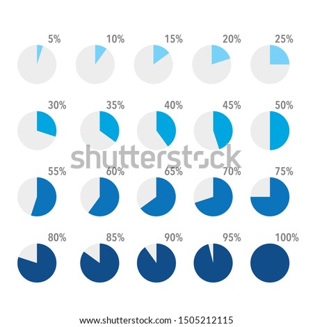 Set of blue infographic percentage piecharts / segment of circle icons 10% - 100%, simple flat design loading data interface elements app button ui ux web, vector isolated on white background