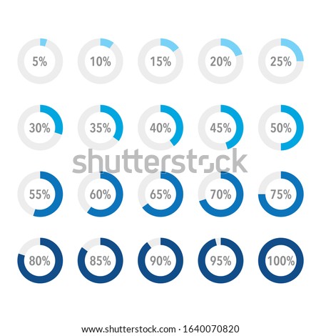 Set of ocean blue infographic percentage piecharts, segment of circle icons 10% - 100%, simple flat design loading data interface elements app button ui ux web, vector isolated on white background