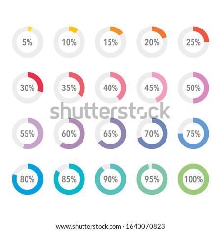 Set of colorful infographic percentage piecharts / segment of hole circle icons 10% - 100%, simple flat design loading data interface elements app button ui ux web, vector isolated on white background