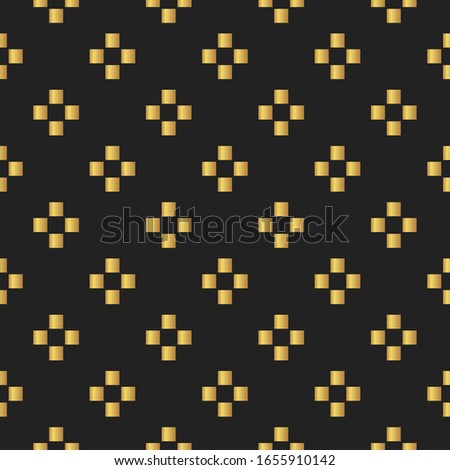 Golden retro repeatable square cross flower shapes pattern design. Geometric seamless surface vector isolated on black background, minimalist modern motif for print ornament, tessellation, web banner