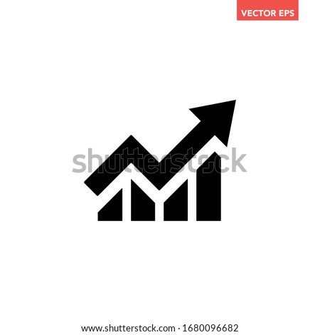 Single black arrow growing up business icon, simple successful chart graph bars flat design interface infographic element for app ui ux web button, vector isolated on white background