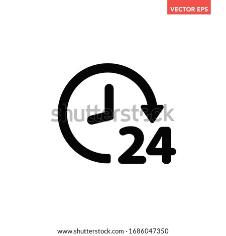 Black round up to 24 hours customer service icon, simple 24hour helpline assistance flat design pictogram vector for app ads web banner button ui ux interface elements isolated on white background