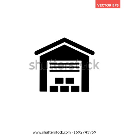 Black single warehouse icon, house shape, simple silhouette industrial building unit flat design pictogram vector for app logo web banner button ui ux interface elements isolated on white background