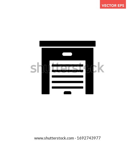 Black single warehouse icon, closed gate, simple silhouette industrial building unit flat design pictogram vector for app logo web banner button ui ux interface elements isolated on white background