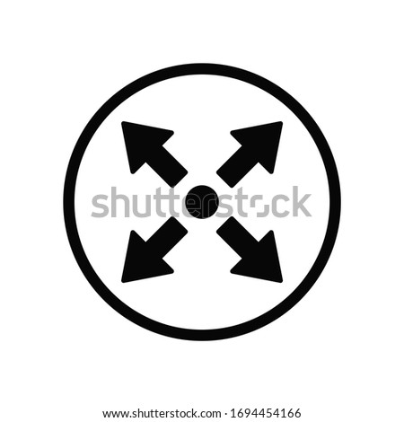 Black round extend icon, 4 crossed arrow, simple guard joystick shape position flat design infographic pictogram vector, app logo web button ui ux interface elements isolated on white background