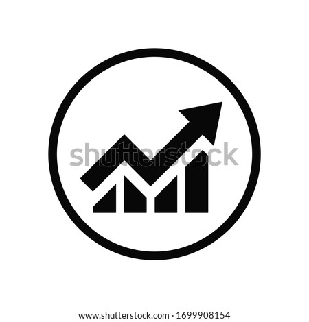 Black round growing up business on chart graph bars icon, simple trending arrow flat design infographic pictogram vector, app logo web button ui ux interface elements isolated on white background