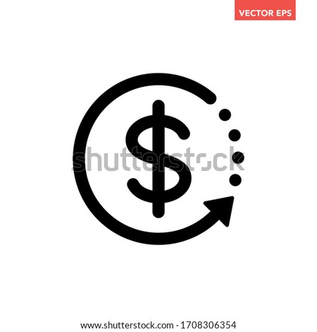 Black round cash back refund investment icon, repeat arrow flat design vector pictogram, infographic interface elements for app logo web button ui ux isolated on white background