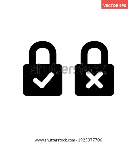 Black filled lock rejected or approved icon, simple password protection flat design concept vector for app ads web banner button ui ux interface elements isolated on white background