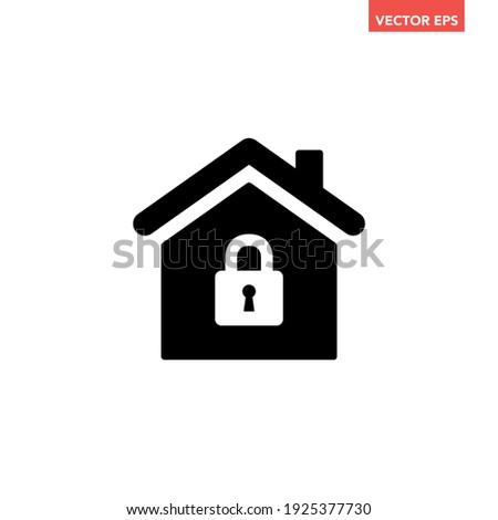 Black single house under protection icon, simple safe home lock defence flat design concept vector for app ads web banner button ui ux interface elements isolated on white background