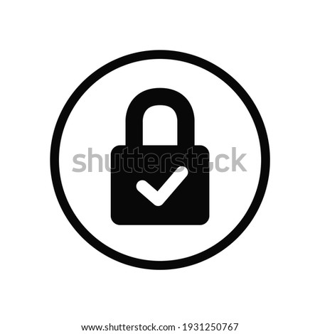 Black round filled lock approved icon, simple safe password protection flat design concept vector for app ads web banner button ui ux interface elements isolated on white background
