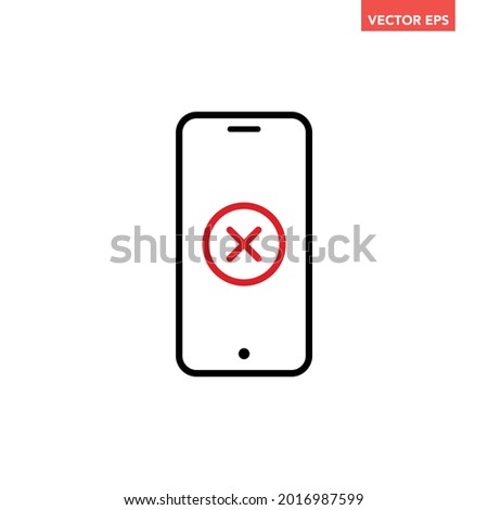 Black single phone with red x line icon, failed transaction digital mockup flat design pictogram, infographic vector for app logo web button ui ux interface elements isolated on white background