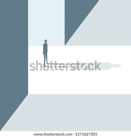 Simple person stepping into unknown future on a light path flat design illustration, going toward fear, dark, scary and strange challenging way alone, modern facing darkness graphic concept