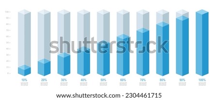 Simple blue slim chart bars template, 10% to 100% number text. Flat design interface illustration inforchart infographic elements for app ui ux web banner button vector isolated on white background