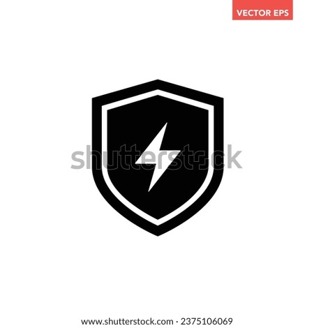 Black single electric shield icon, simple electric station or voltage protection flat design vector pictogram, infographic interface elements for app logo web button ui ux isolated on white background