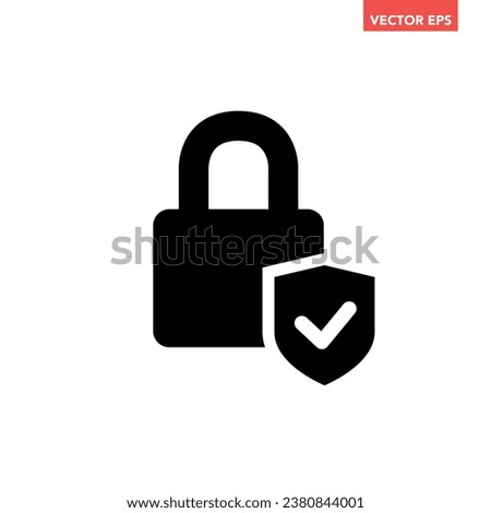 Black filled lock wth check mark icon, simple successful protection flat design pictogram vector for app ads web banner button ui ux interface elements isolated on white background