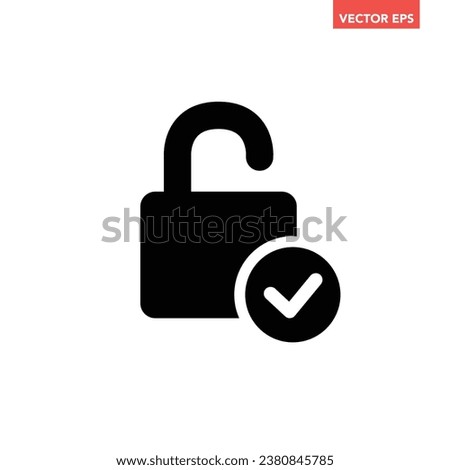 Single black filled unlock successful icon, simple release lock approved flat design pictogram vector for app ads web banner button ui ux interface elements isolated on white background