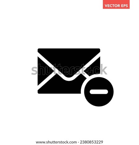 Black single email with minus sign icon, simple delete old mail flat design vector pictogram, infographic interface elements for app logo web button ui ux isolated on white background